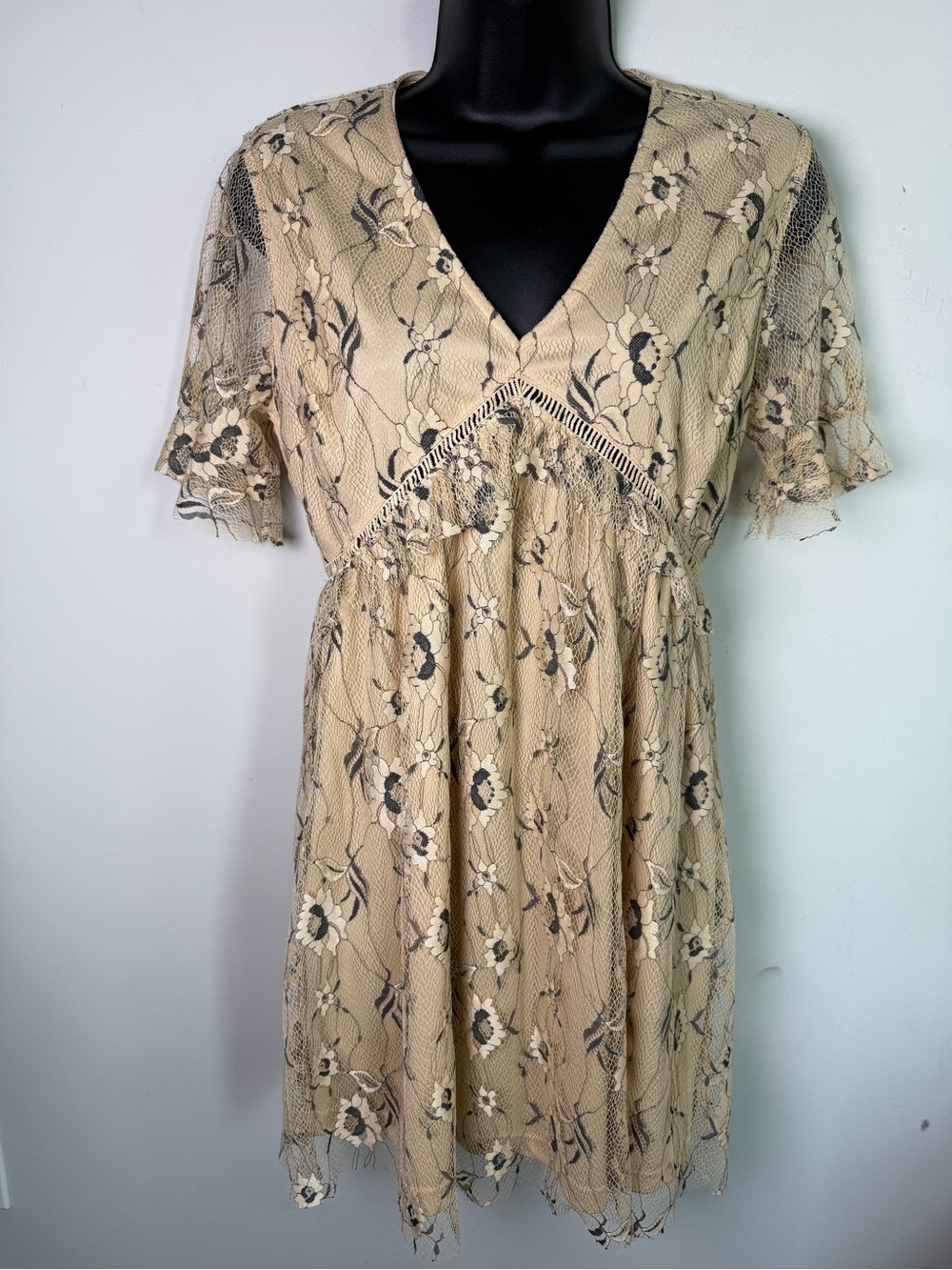 Francesca's Stonela Taupe Floral Lace Dress Fit Flare Vneck NWT Sz XS